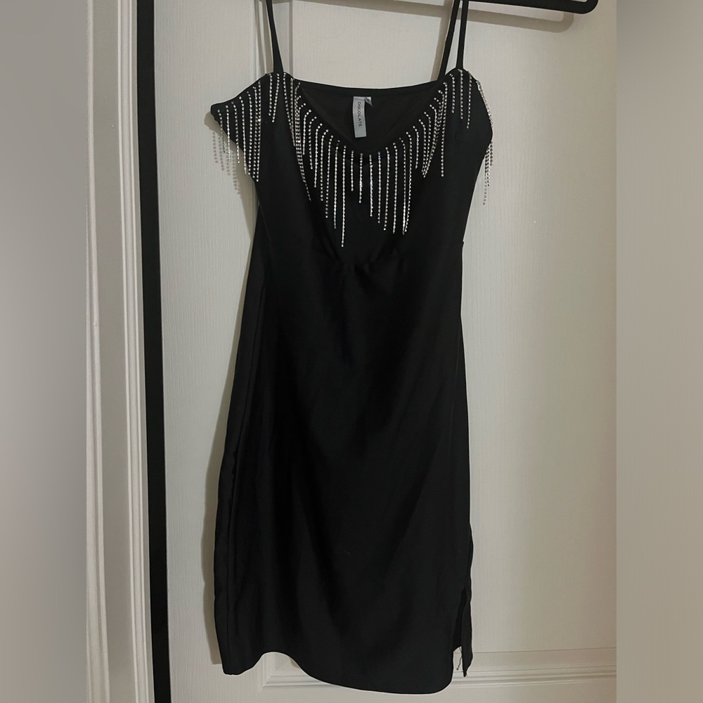 Black mini dress with hanging rhinestones